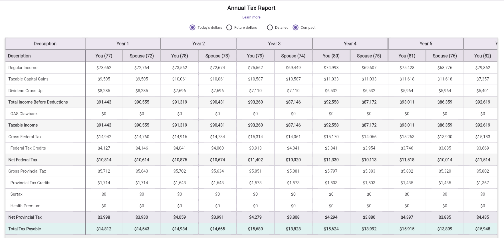 Annual Tax Report table with year groups and per-person tax details
