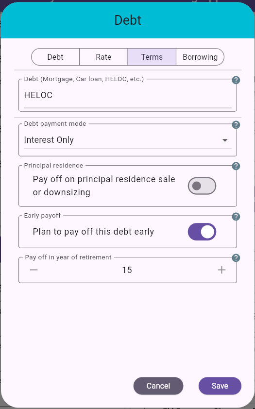 Debt Dialog - Terms Tab