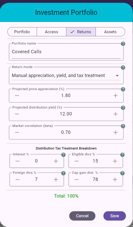 Investment Portfolio dialog - Returns tab